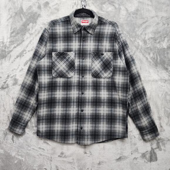 Wrangler Shirt Mens M Gray Black Plaid Fleece Flannel Button Front Long Sleeve - Picture 1 of 9